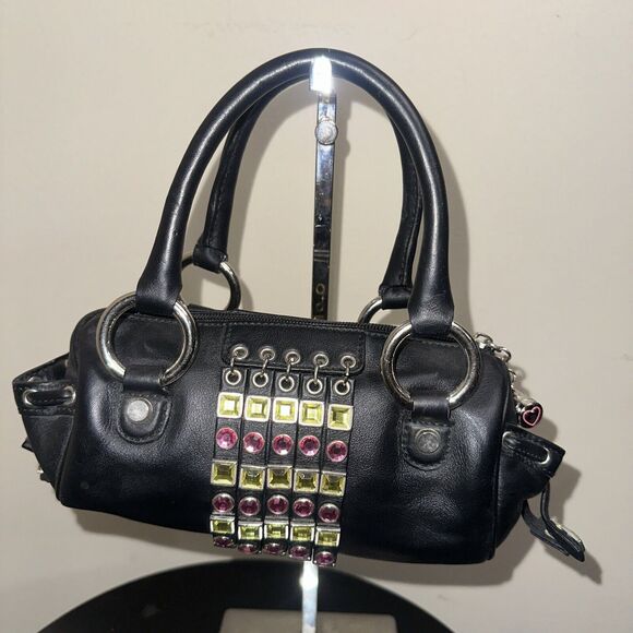 bd Babeed Designer Paris Black Leather Pink Green Rhinestones Hand Bag $395 - Picture 1 of 9